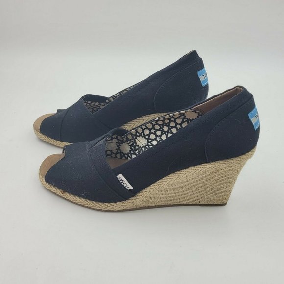 Toms Black Canvas Peep Toe Espadrille Wedge Heel Size 8.5 - Picture 5 of 9